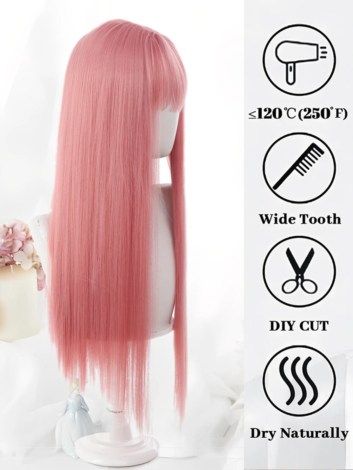 24 Inch Long Pink Cosplay Wig with Bangs