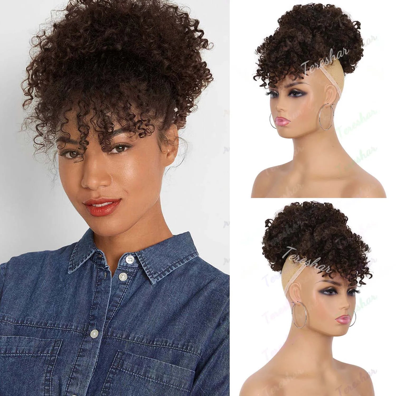 Kinky Curly Afro Puff Ponytail Extension with Bangs for Women - 11