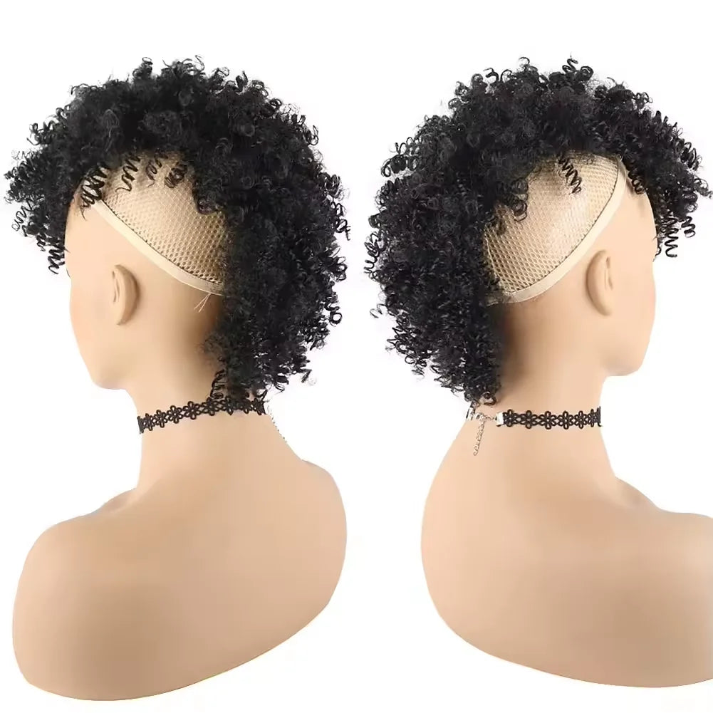 Short Afro Kinky Curly Synthetic Ponytail with Bangs for Daily Hair Styling