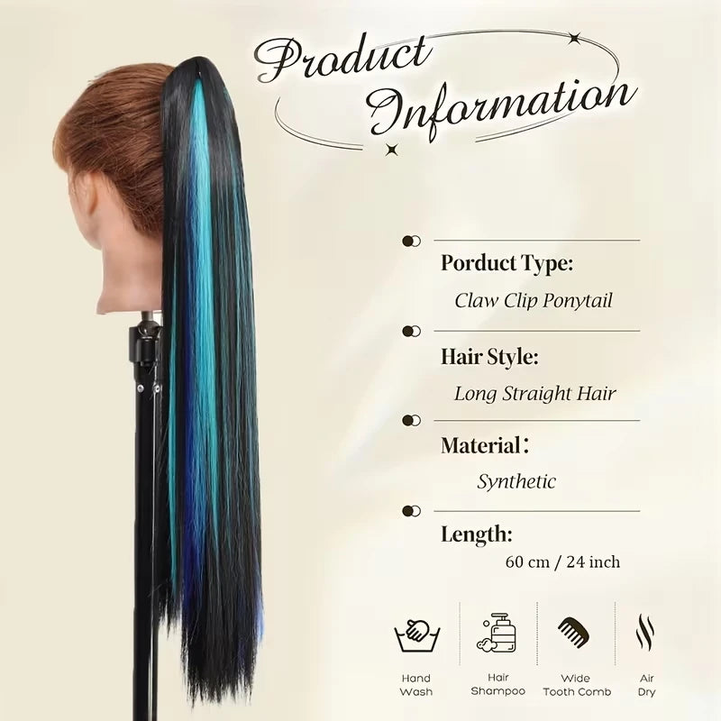 24-Inch Long Straight Highlight Ponytail Claw Clip Extension - 2