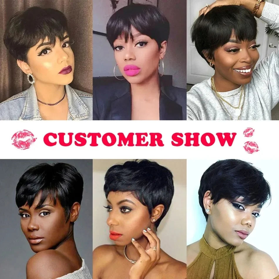 Short Pixie Cut Human Hair Bob Wig with Bangs