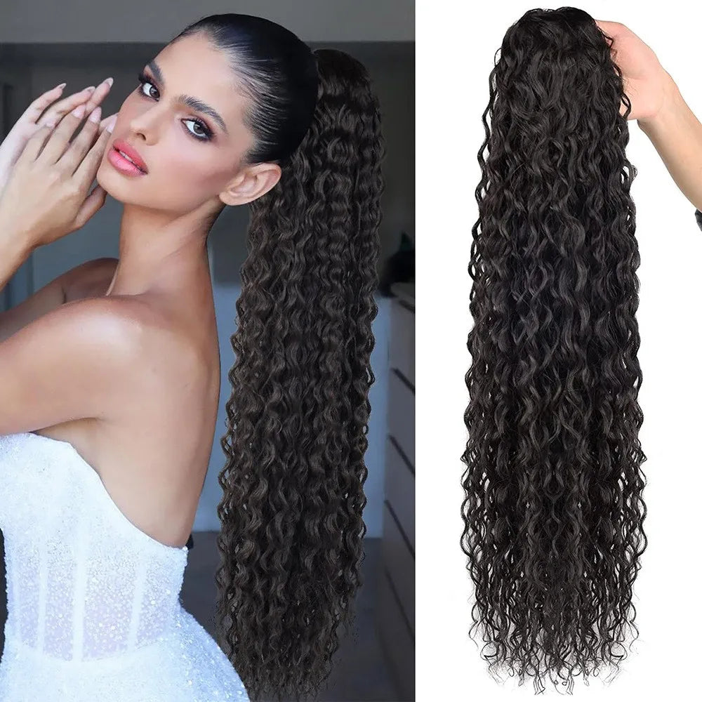 Long Water Wave Curly Drawstring Ponytail Hair Extension for Daily Style - 1