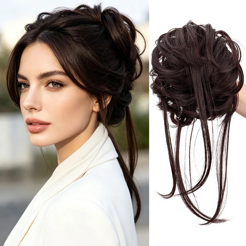 Messy Bun Hair Piece with Straight Tails for Instant Volumized Updos
