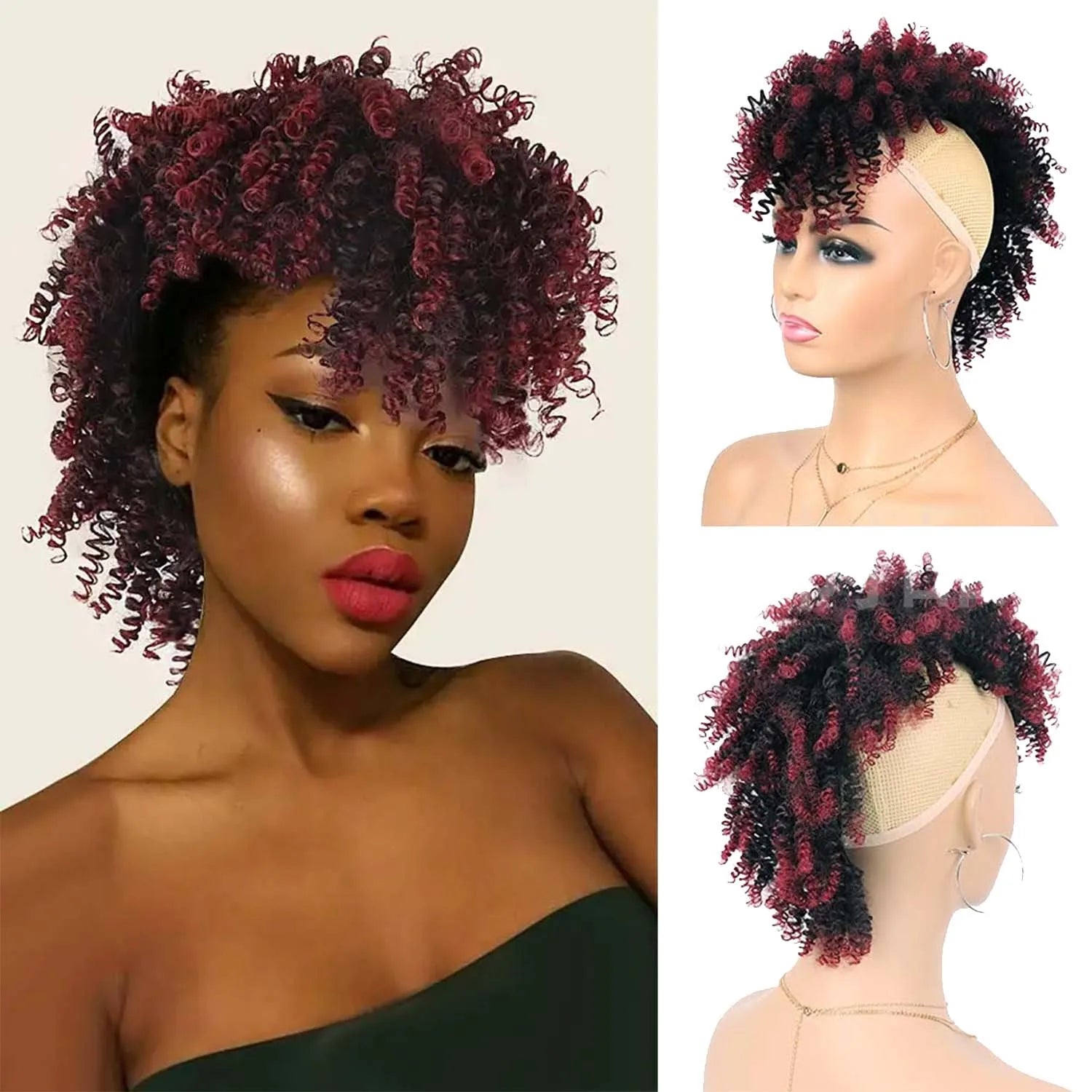 Short Afro Kinky Curly Synthetic Ponytail with Bangs for Daily Hair Styling - 9