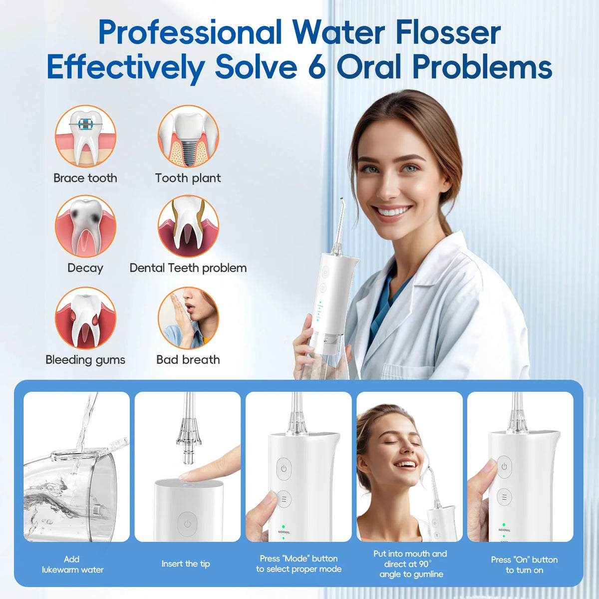 Portable Rechargeable Electric Water Flosser for Teeth Deep Cleaning