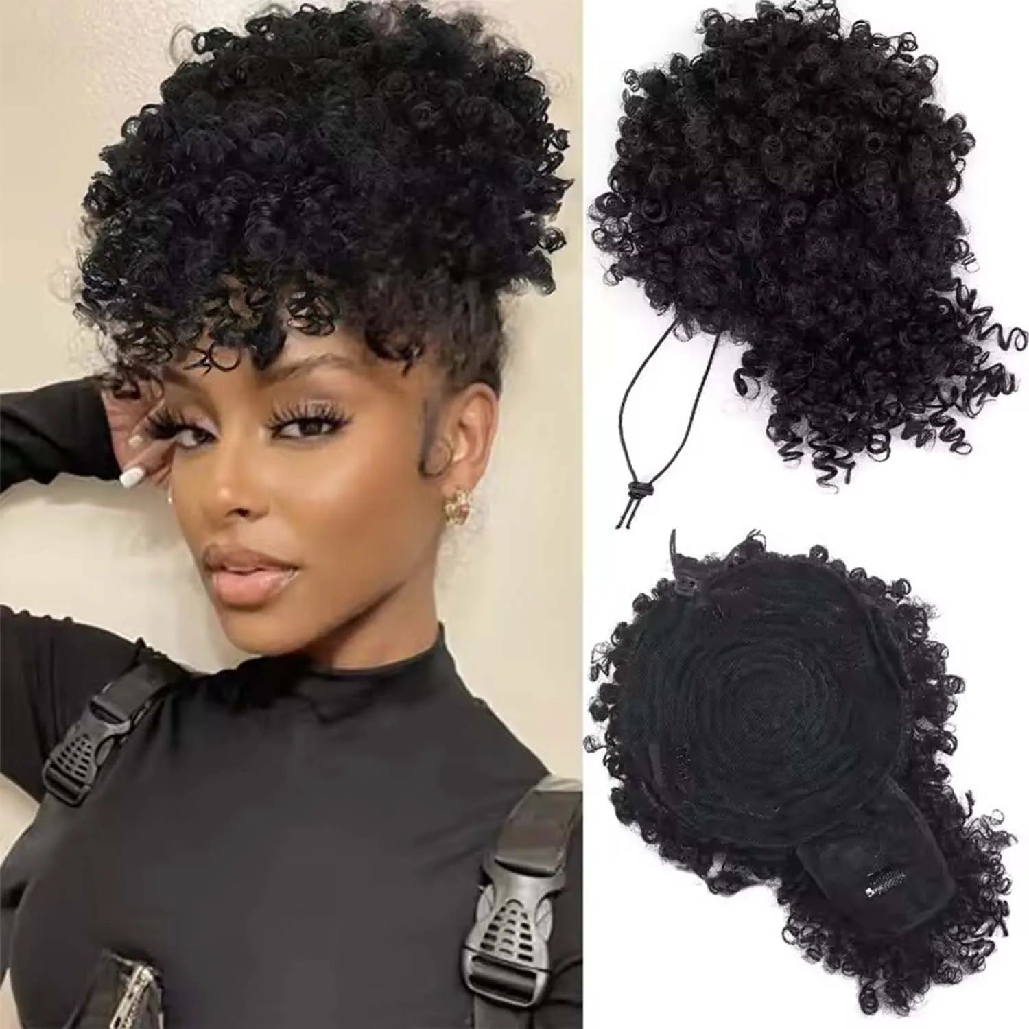 Kinky Curly Afro Puff Ponytail Extension with Bangs for Women - 1