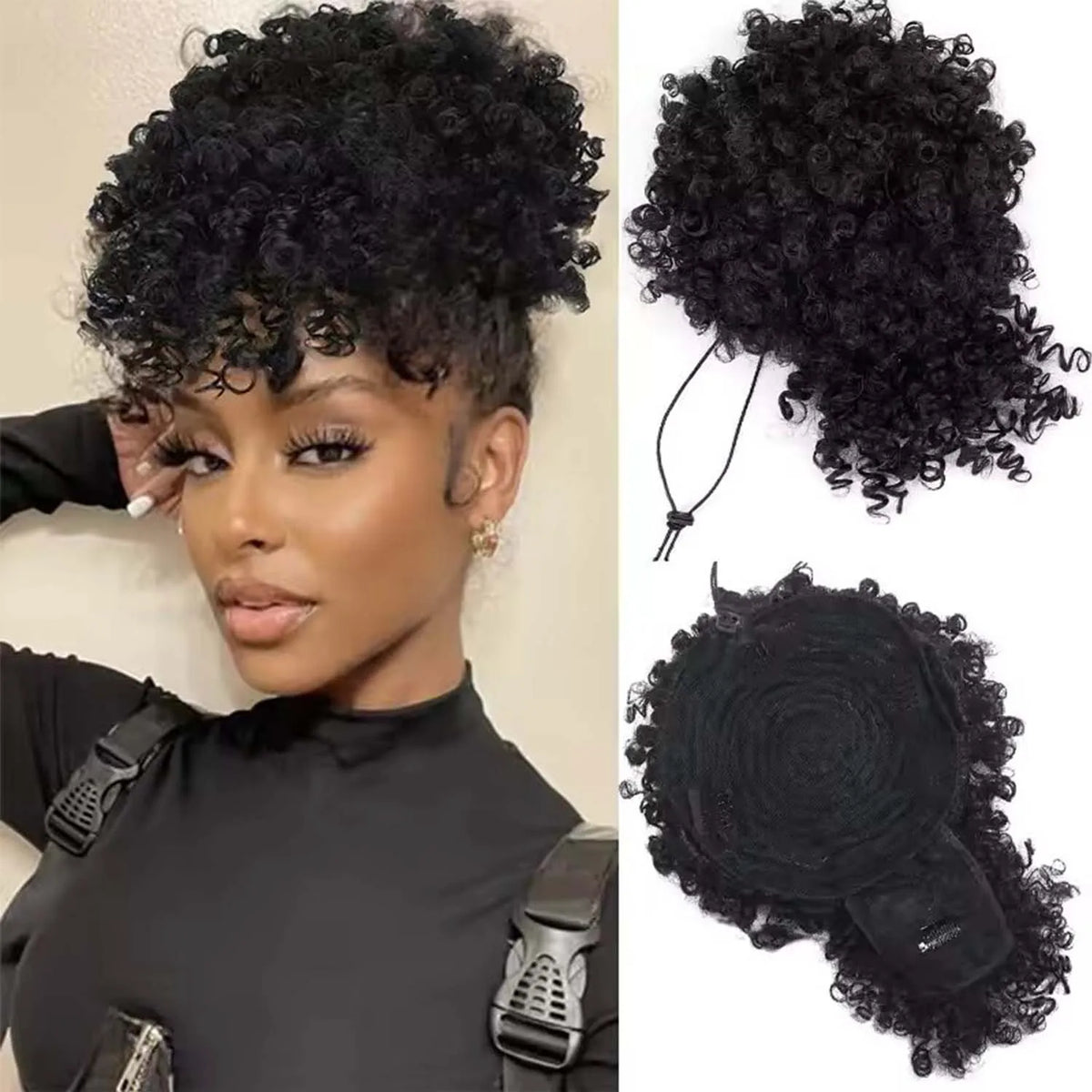 Kinky Curly Afro Puff Ponytail Extension with Bangs for Women