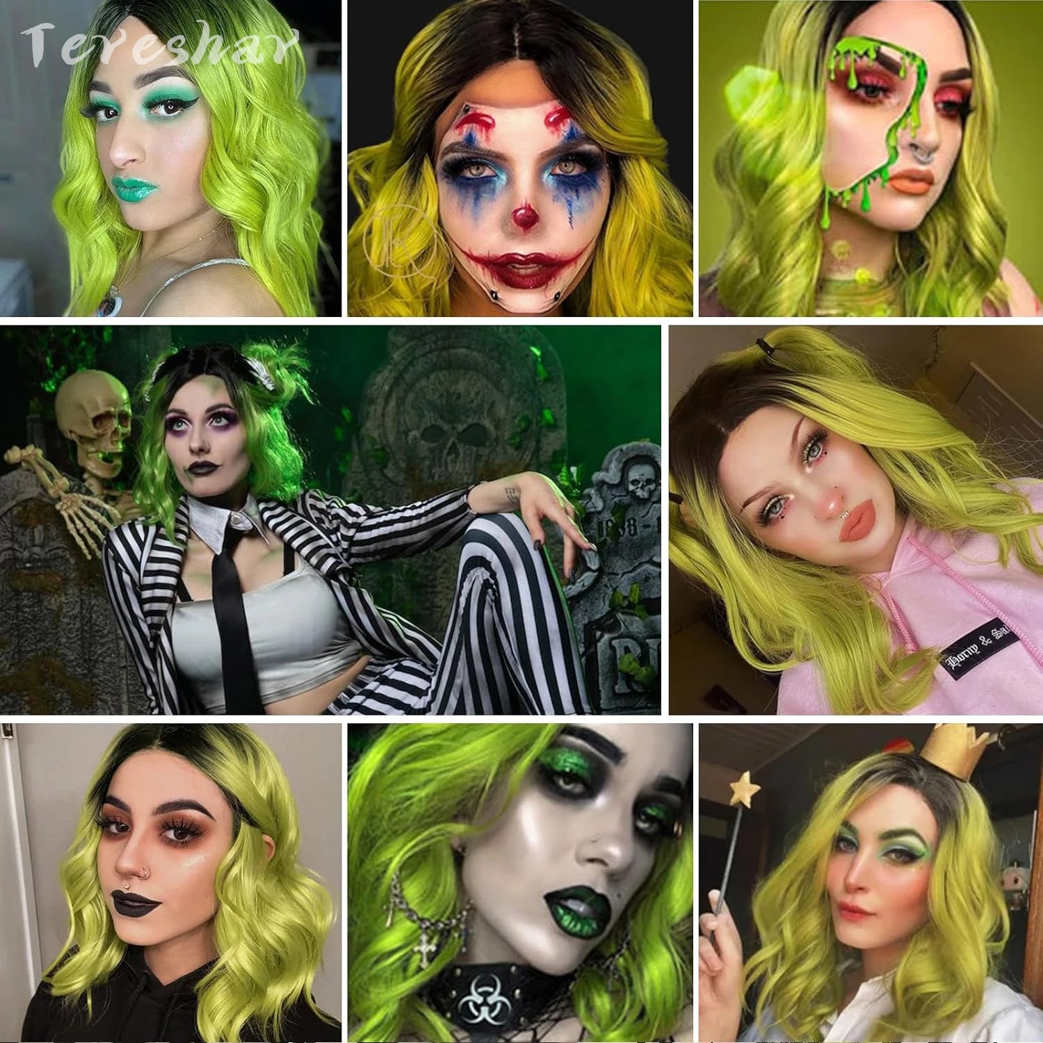 Short Wavy Green Ombre Bob Wig for Cosplay and Halloween Parties - 4