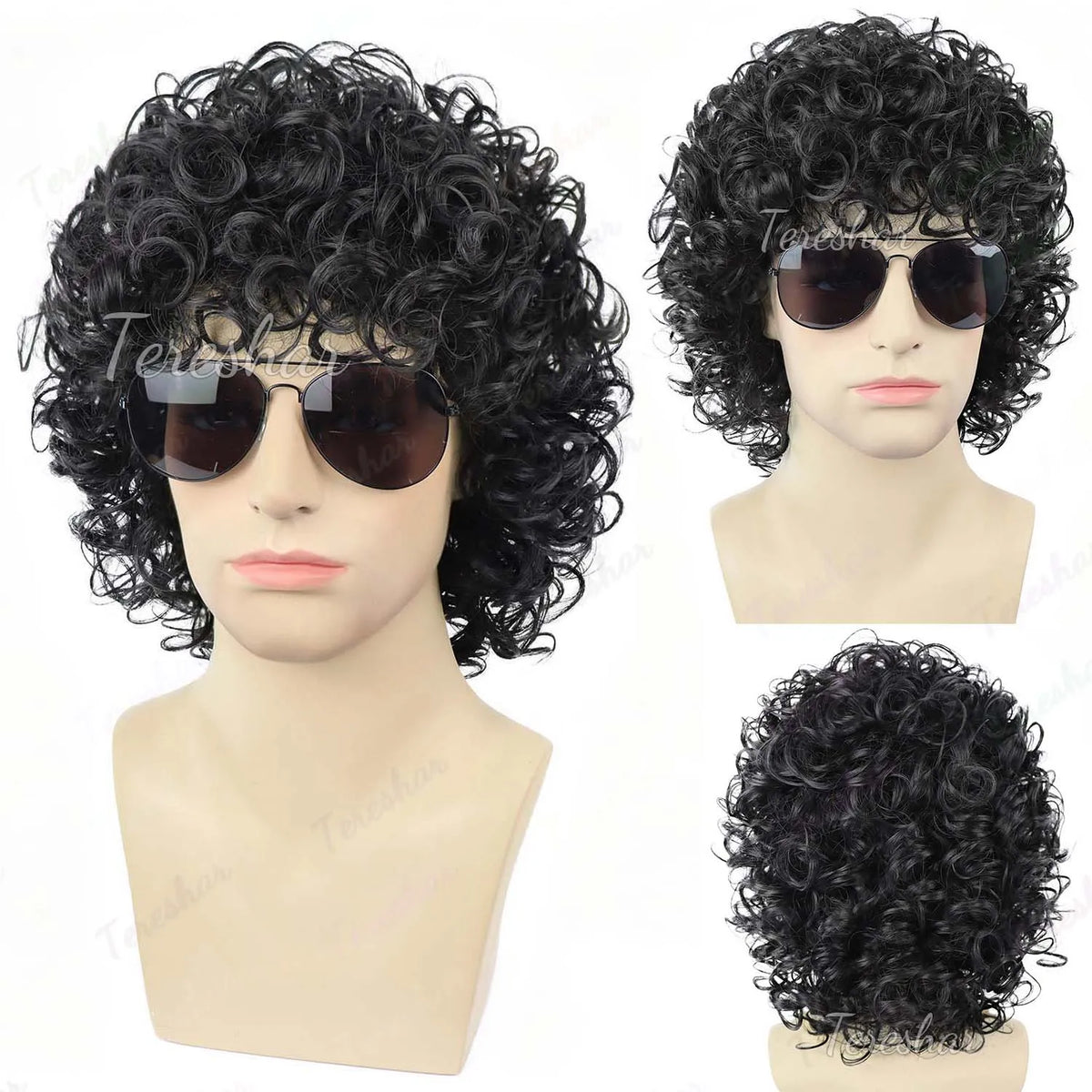 Black Curly Rocker Mullet Wig with Retro Glasses for Costume Parties