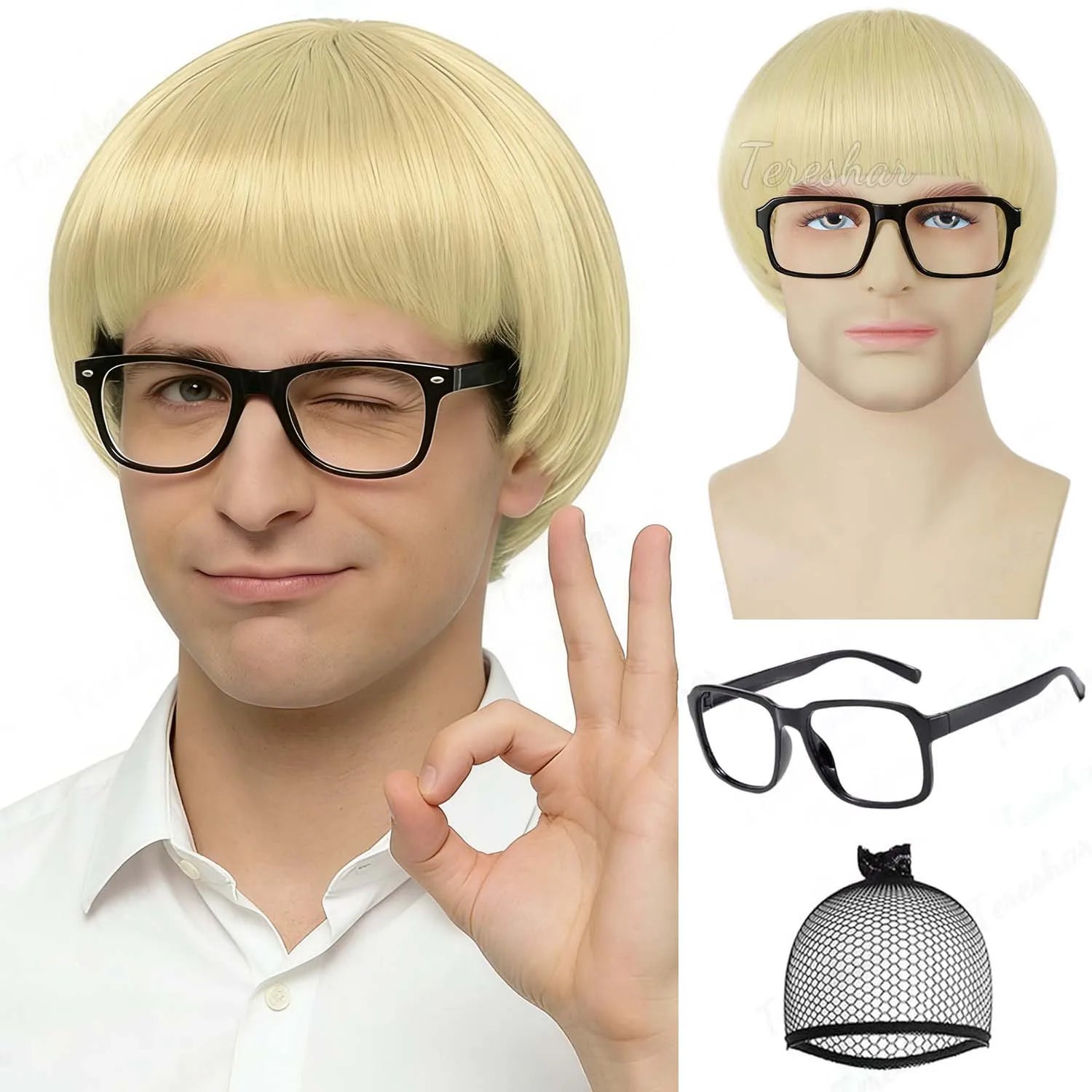 Short Retro Bowl Cut Cosplay Wig with Glasses for Costume Parties - 9