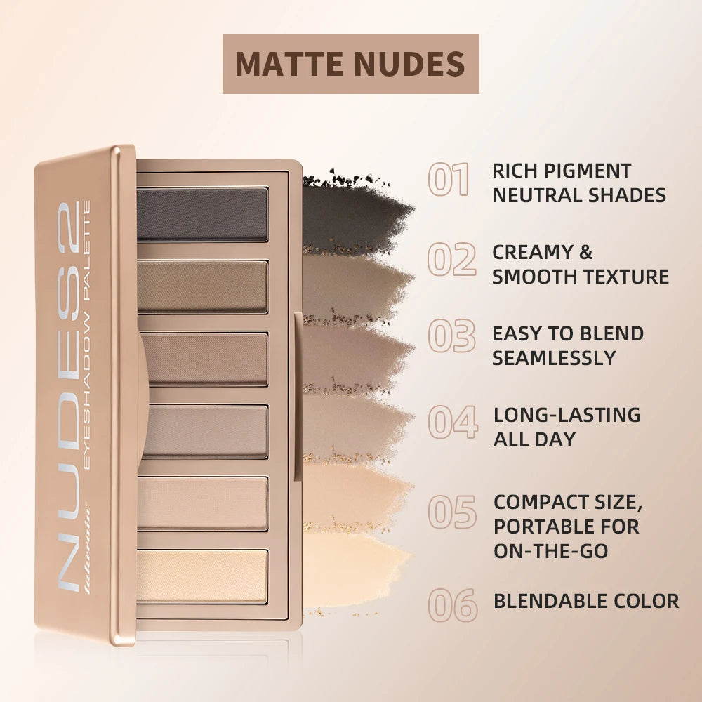 6-Color Matte Eyeshadow Palette for Neutral Nude and Smoky Eye Looks