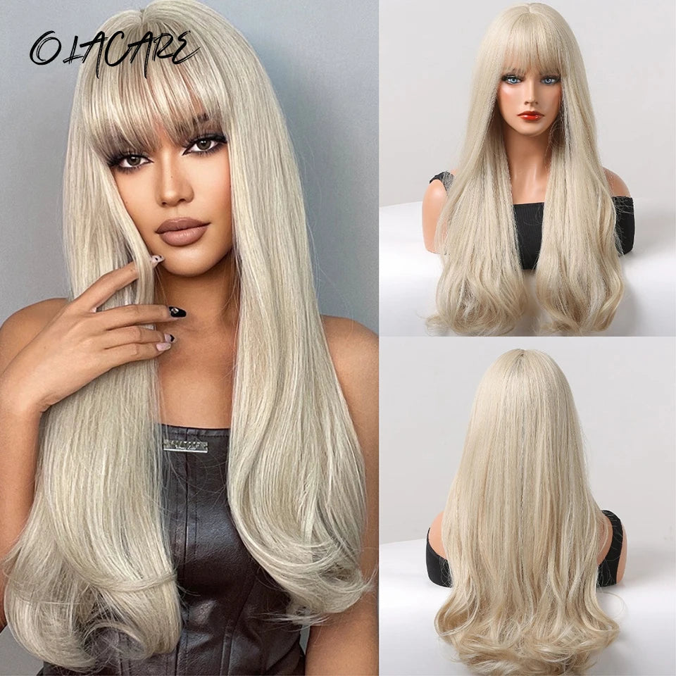 Long Wavy Ombre Blonde Pink Wig with Bangs - 2