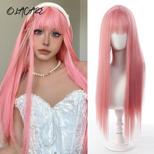 24 Inch Long Pink Cosplay Wig with Bangs