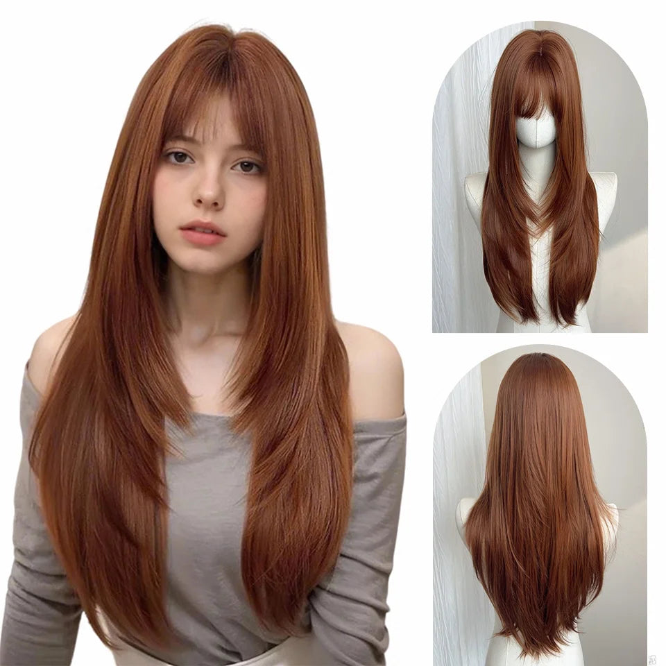Long Straight Layered Synthetic Wig with Bangs - 1