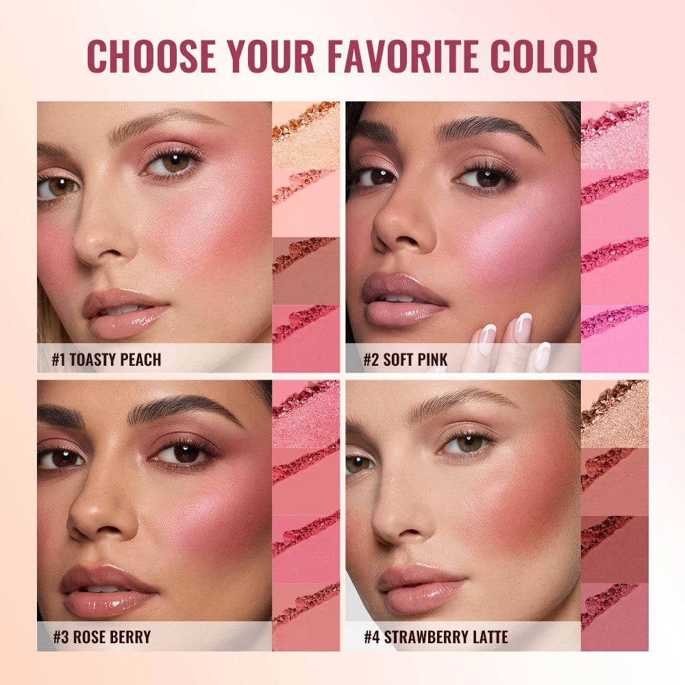 4-Color Matte Blush Palette with Professional Makeup Brush