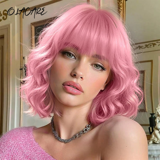 Pink Wavy Bob Wig for Cosplay and Daily Wear