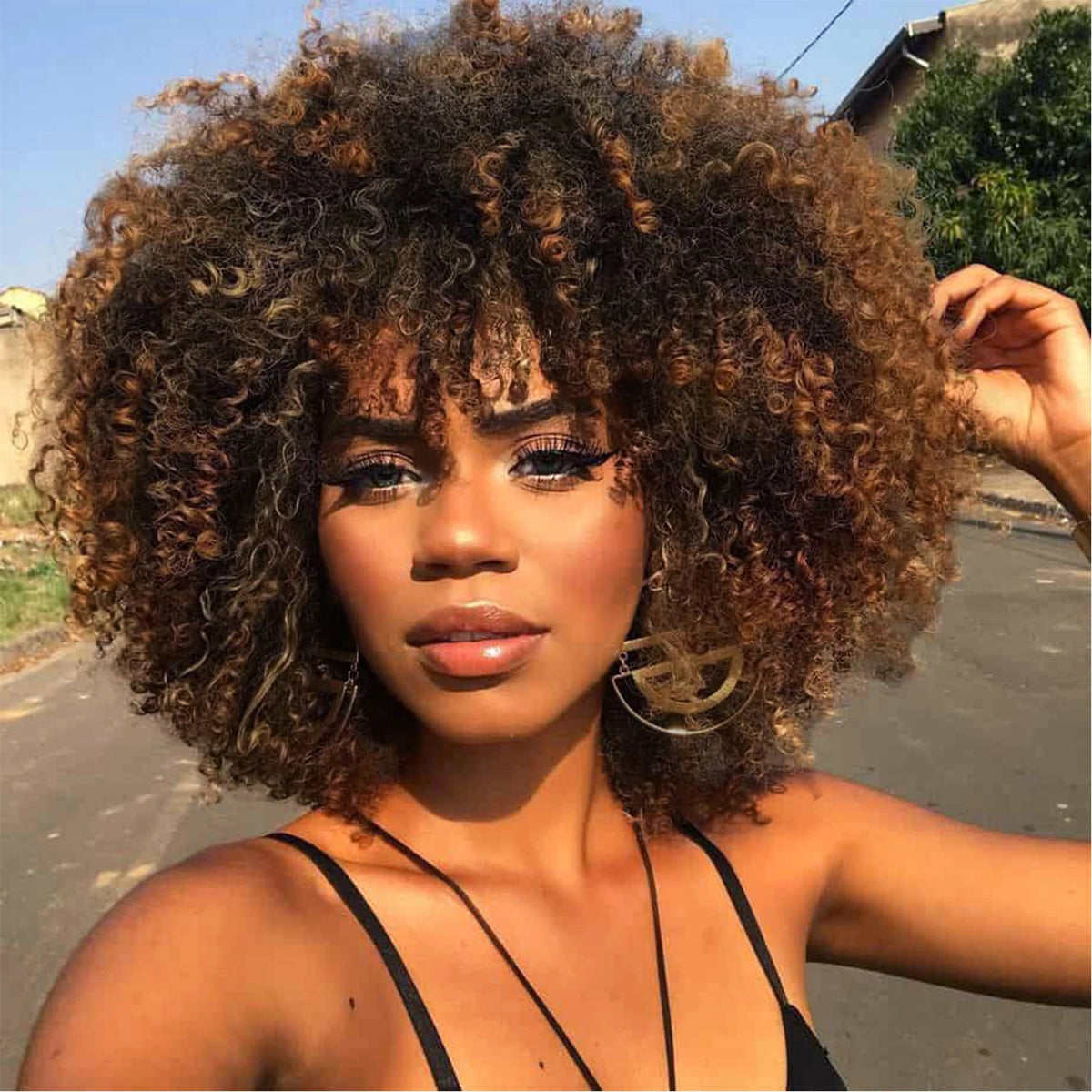Short Afro Kinky Curly Synthetic Wig with Bangs for Daily Hair Styling