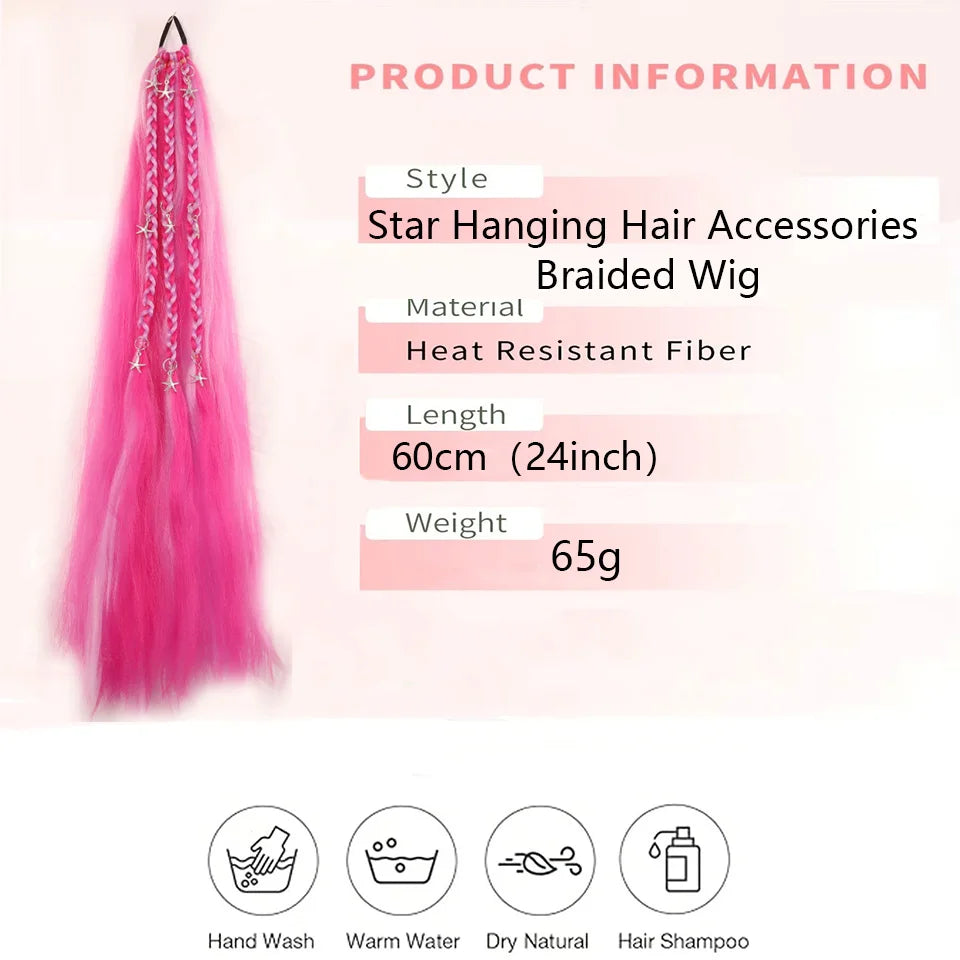 Hot Pink Braided Ponytail Extension with Star Accessories - 2