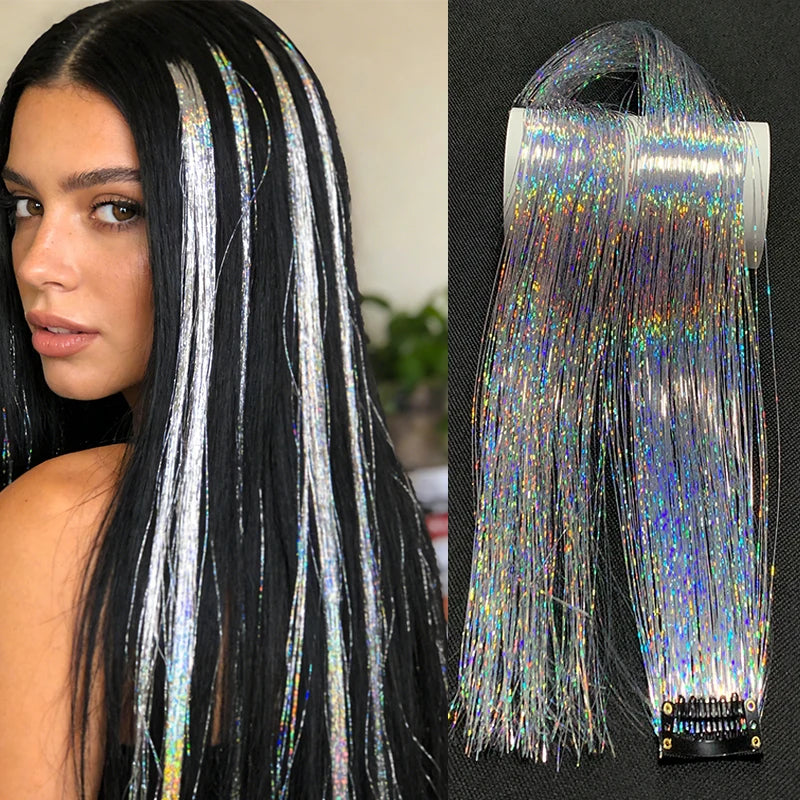 Rainbow Glitter Tinsel Hair Extensions Clip In for Party and Daily Style - 1