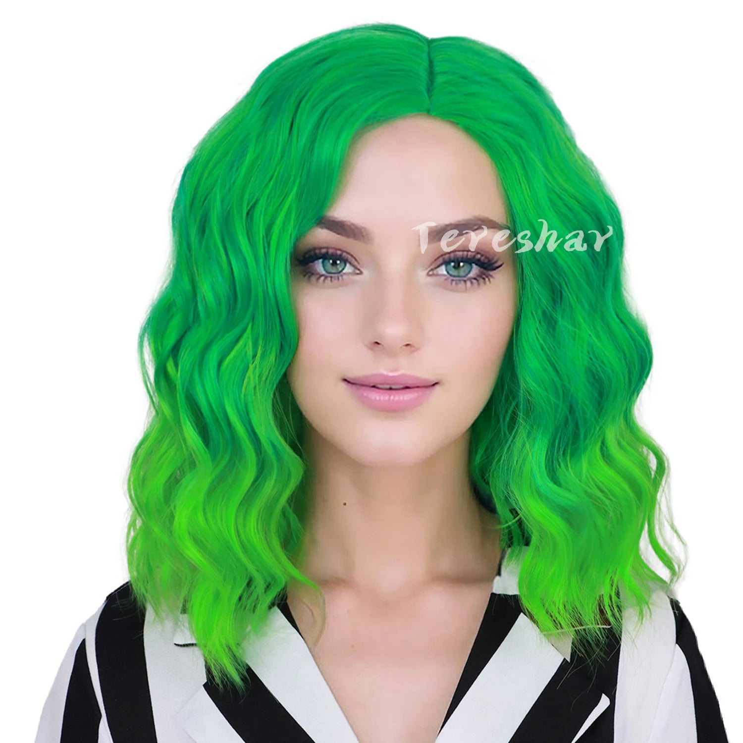 Short Wavy Green Ombre Bob Wig for Cosplay and Halloween Parties - 10