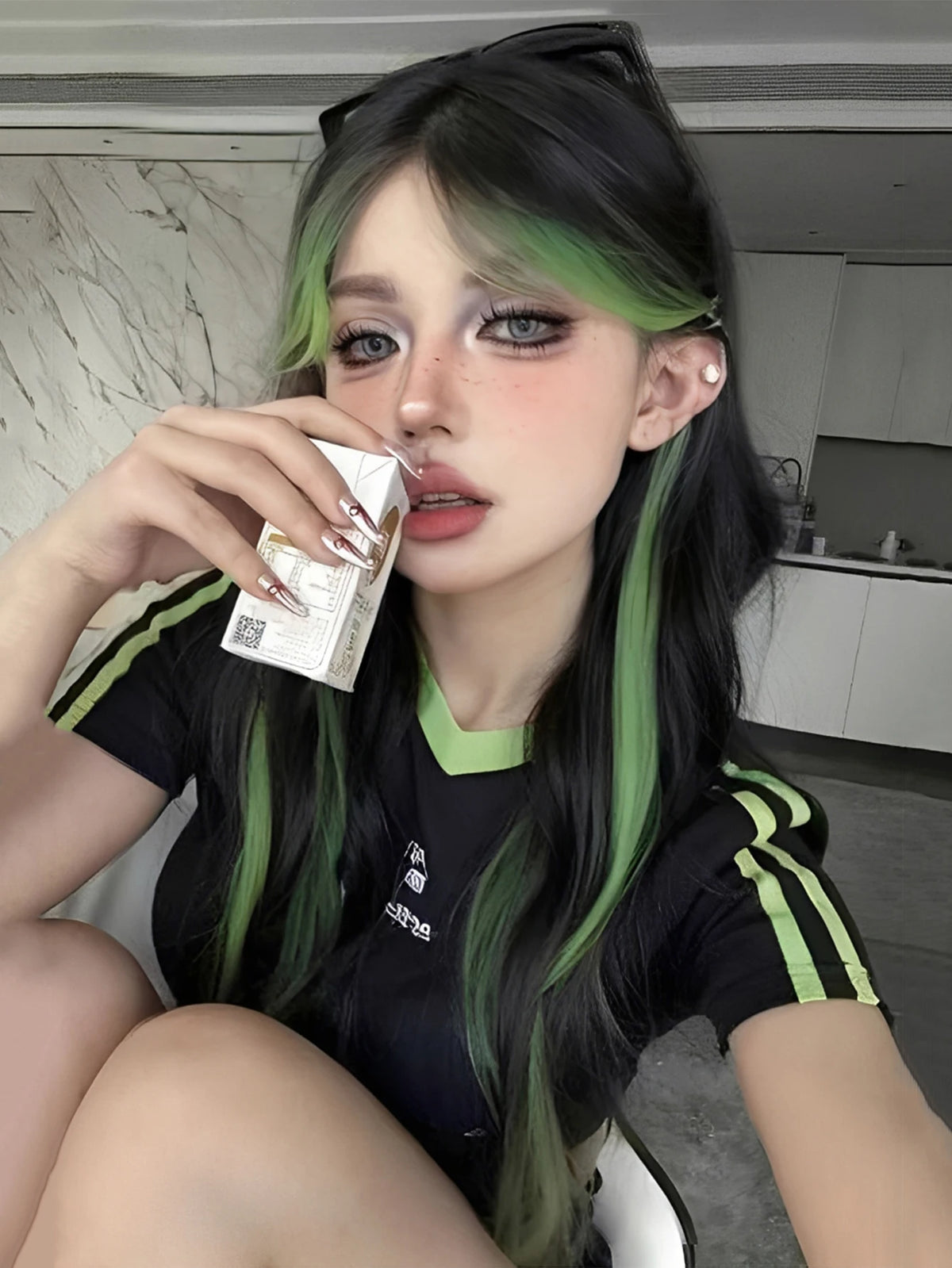 Long Wavy Ombre Green Layered Wig for Cosplay and Daily Wear