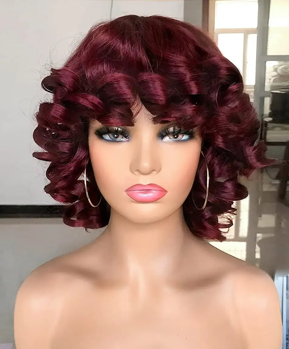 Short Afro Curly Wig with Bangs for Daily Wear - 13