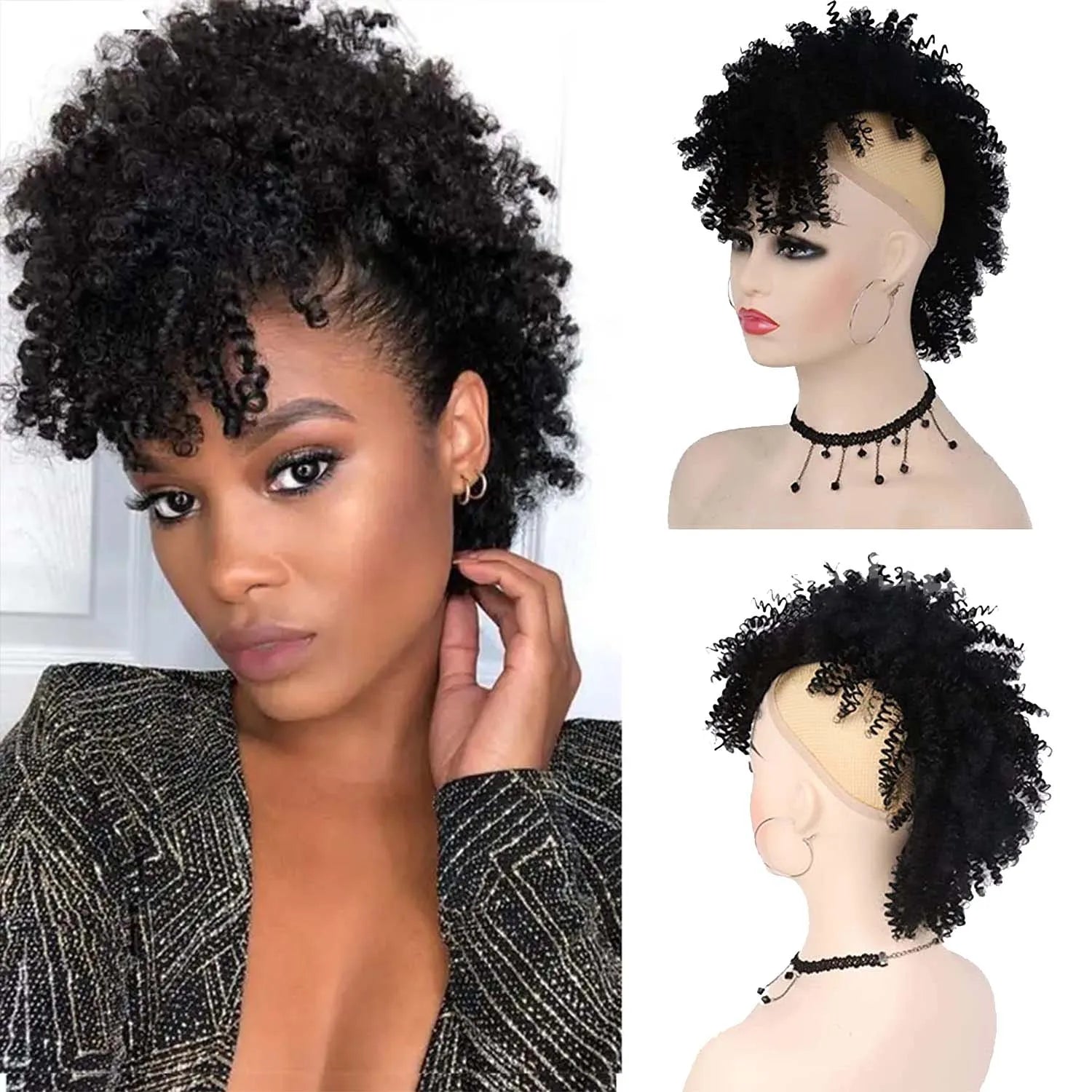 Short Afro Kinky Curly Synthetic Ponytail with Bangs for Daily Hair Styling - 13