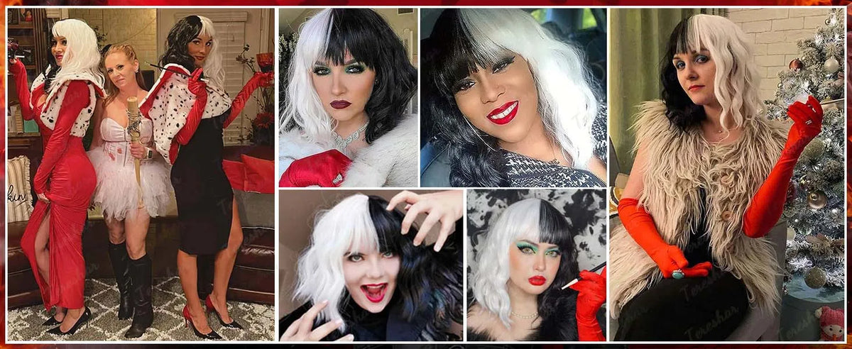 Black and White Wavy Cosplay Wig Set with Dalmatian Shawl and Accessories