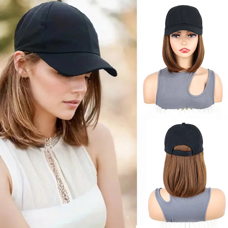 Short Straight Bob Hair Wig with Baseball Cap for Women
