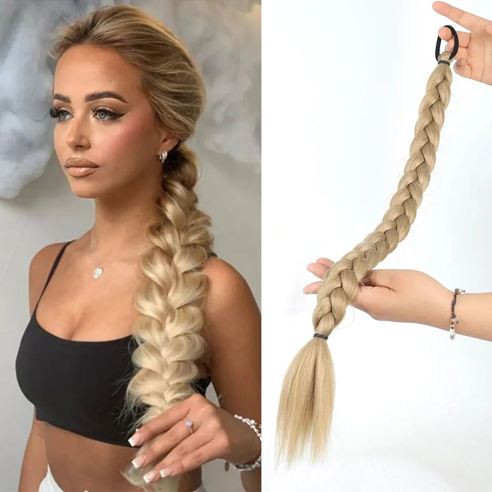Long Synthetic Braided Ponytail Extension with Secure Rubber Band