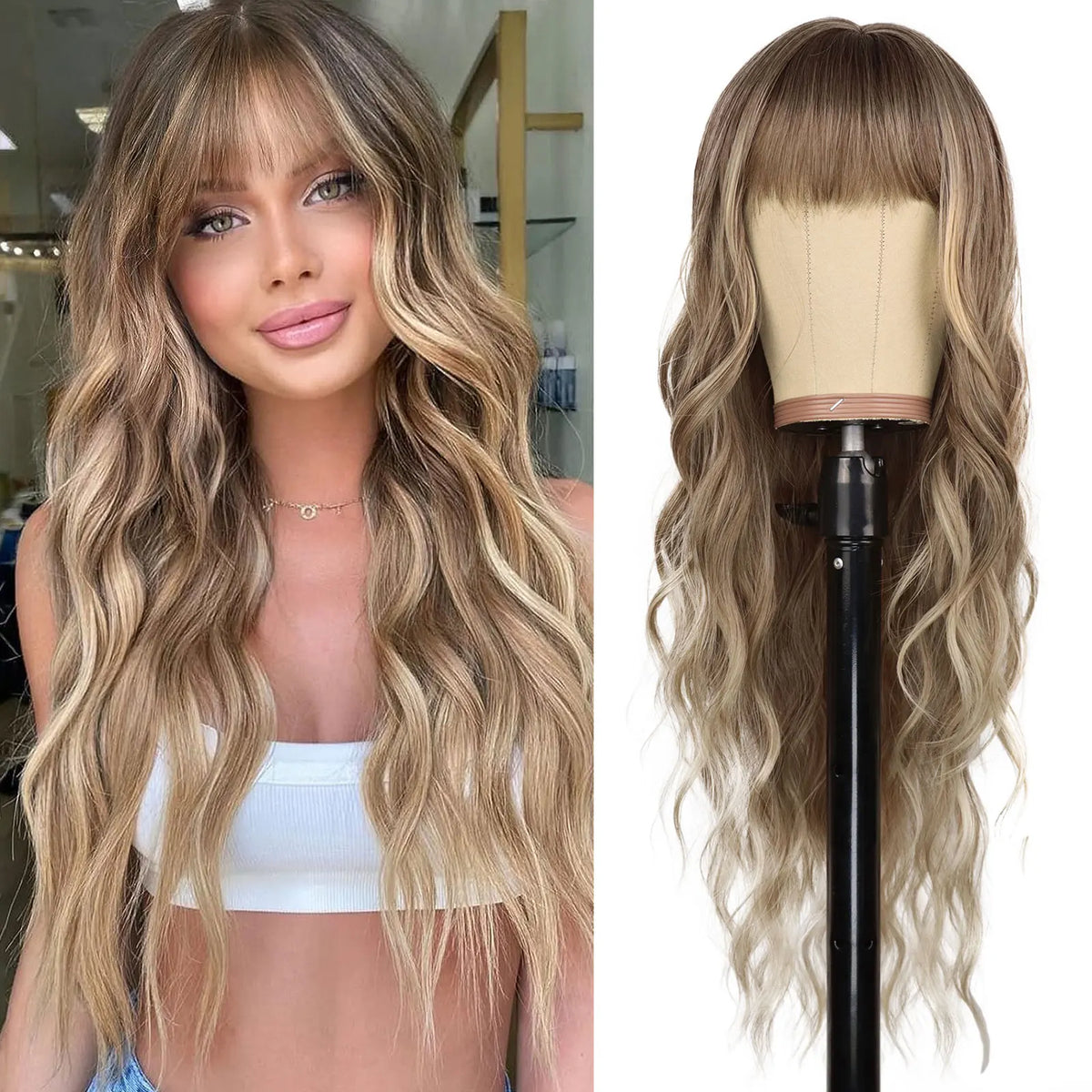 Long Wavy Synthetic Wig with Bangs for Daily Use and Parties