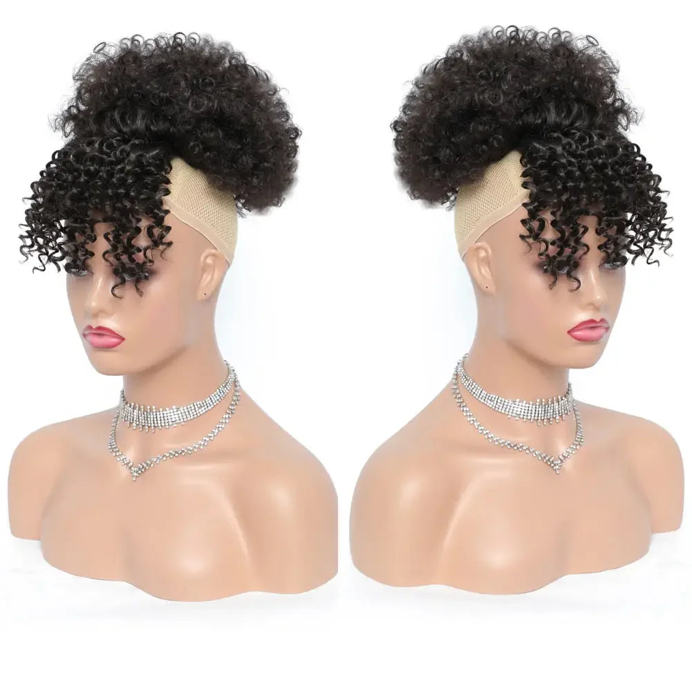 Kinky Curly Afro Puff Drawstring Ponytail with Bangs for Women