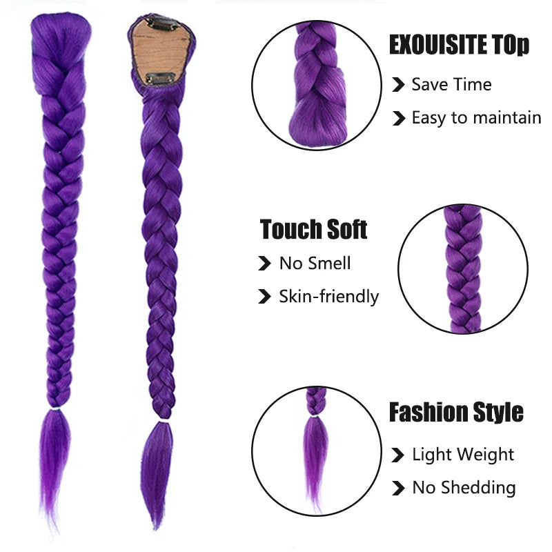26-Inch Clip-In Braided Purple Ponytail for Kids and Costumes - 5