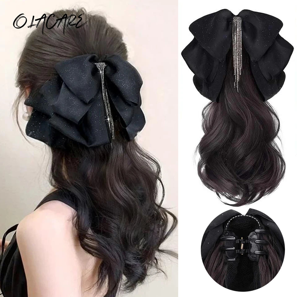 Wavy Bow Claw Clip Ponytail Extension for Effortless Volume