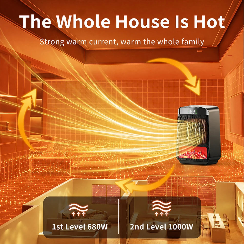 Portable Electric Space Heater with Ambient Flame Light and Timer