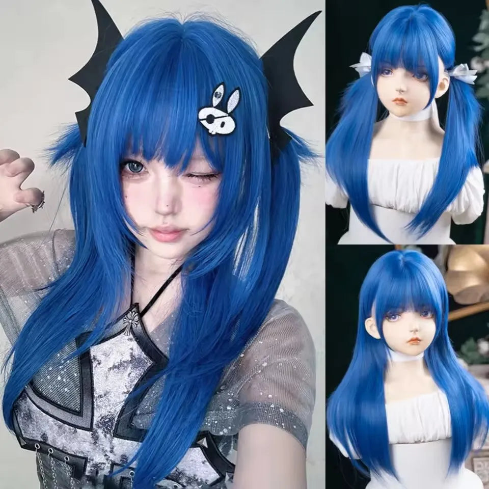 Long Straight Blue Synthetic Cosplay Wig for Halloween and Costume Parties - 46