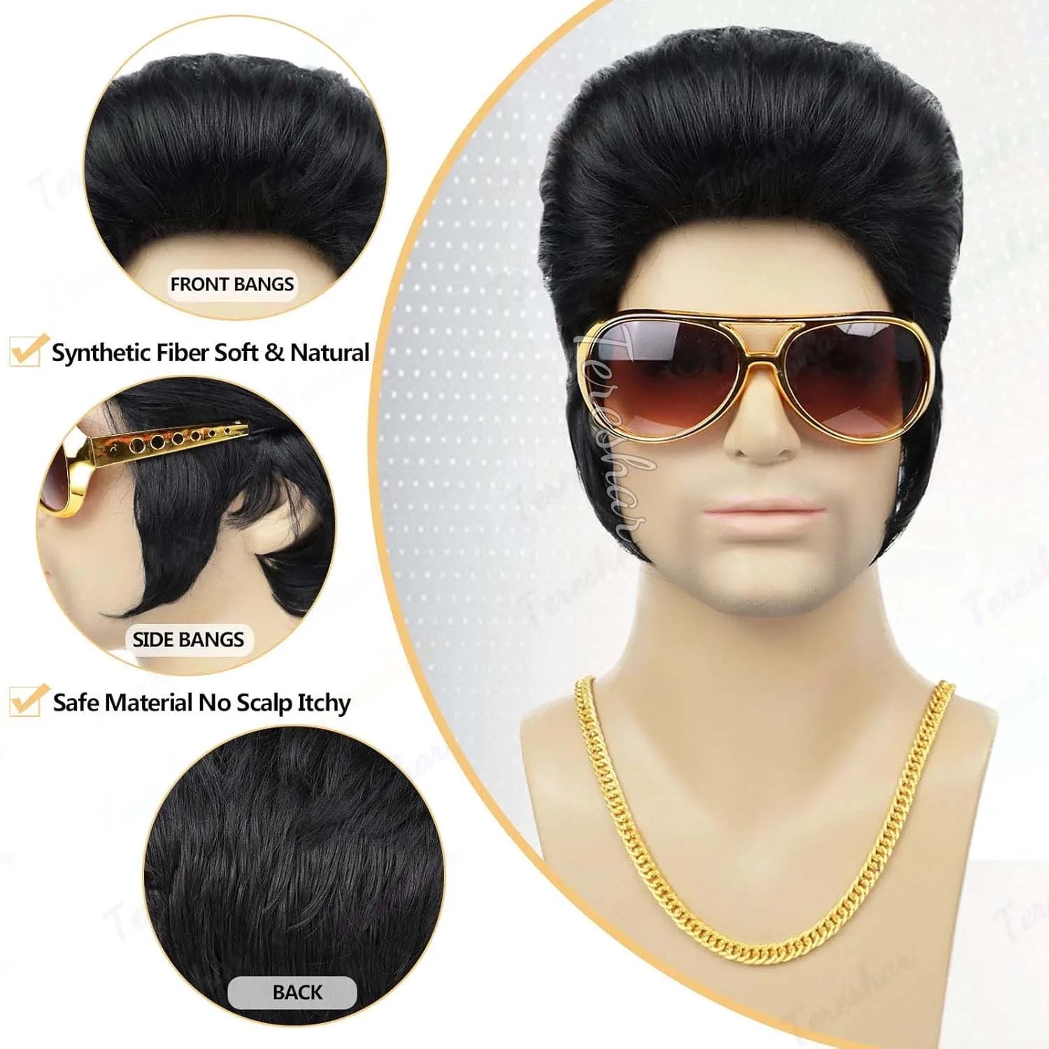 50s Rock Star Costume Wig with Glasses and Necklace Set - 9