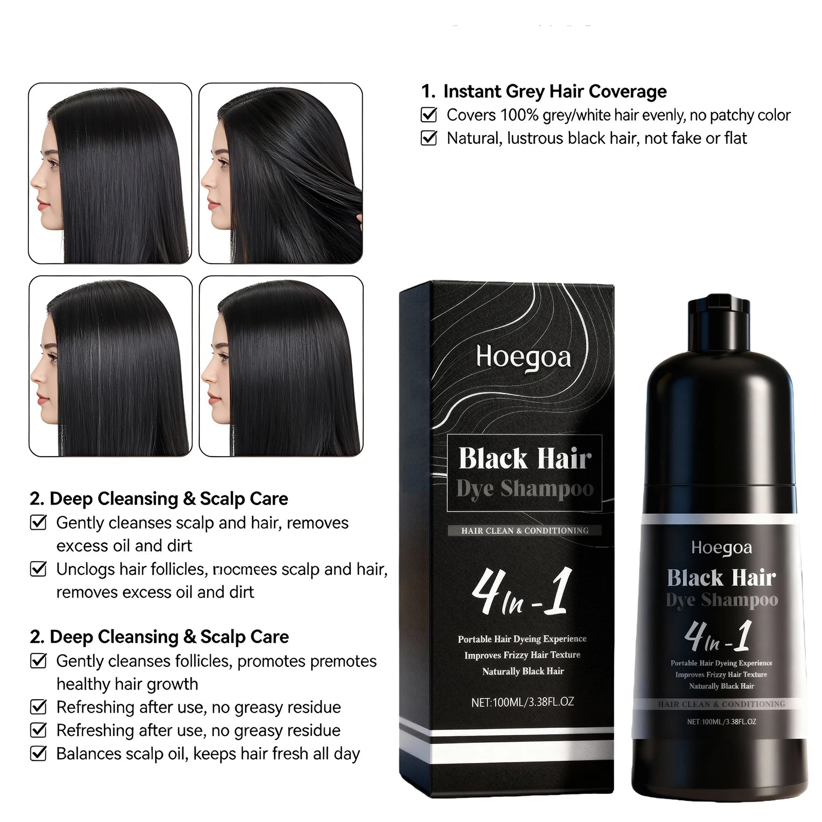 4-in-1 Instant Black Hair Dye Shampoo for Gray Coverage - 3