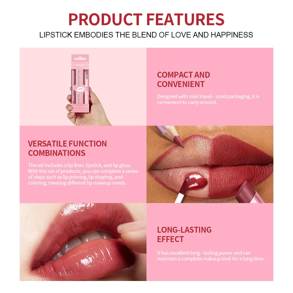 3-Piece Mini Lip Liner, Lipstick and Gloss Set for Perfect Pout - 3