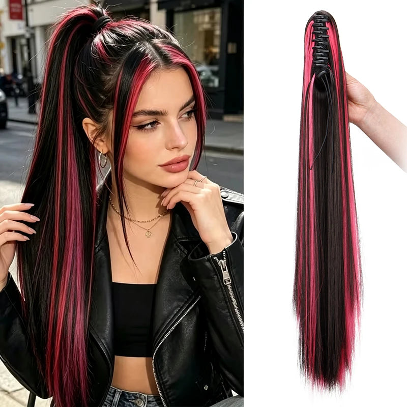 24-Inch Long Straight Highlight Ponytail Claw Clip Extension