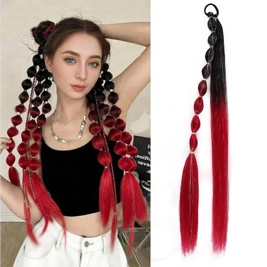 Bubble Braid Ponytail Extension with Tinsel for Y2K Festival Hair