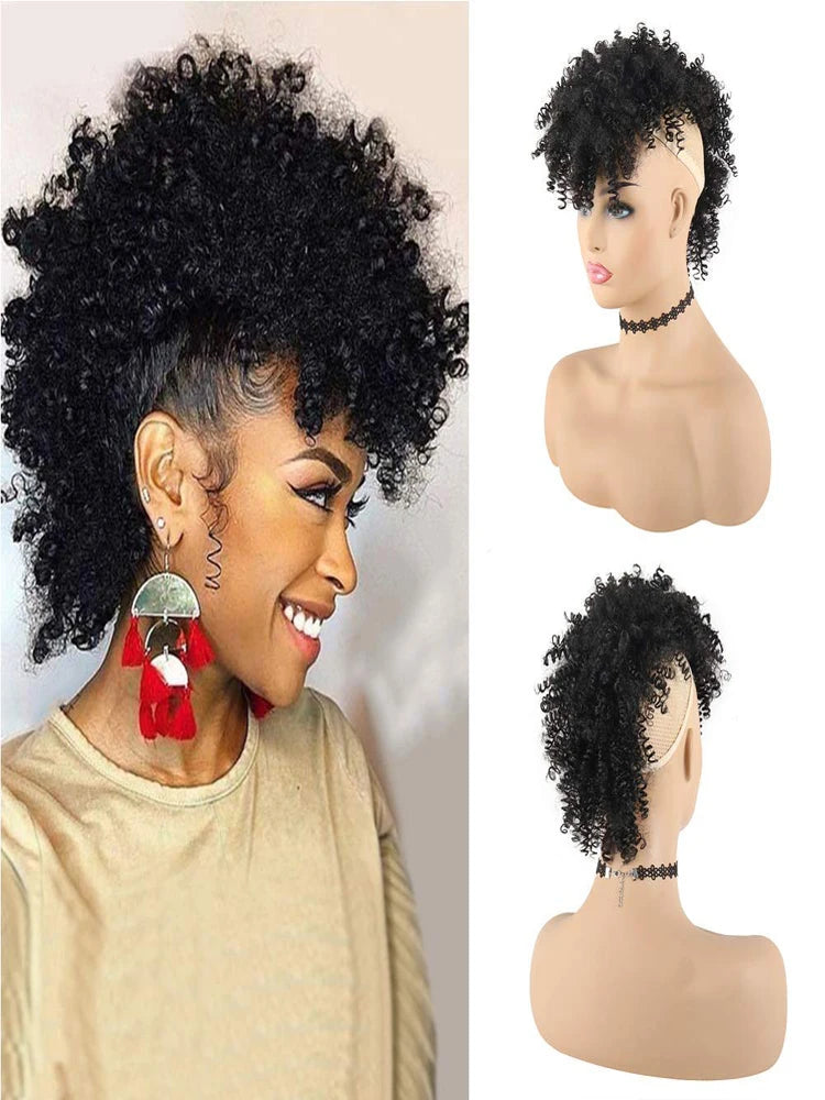 Curly Afro Mohawk Ponytail with Bangs Clip-In