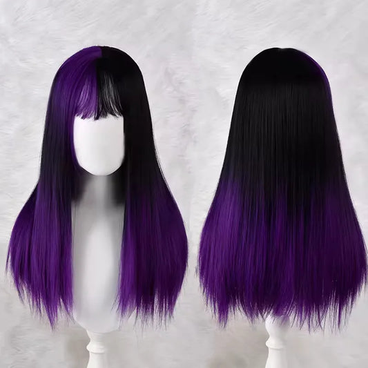 Split Color Long Straight Cosplay Wig with Bangs