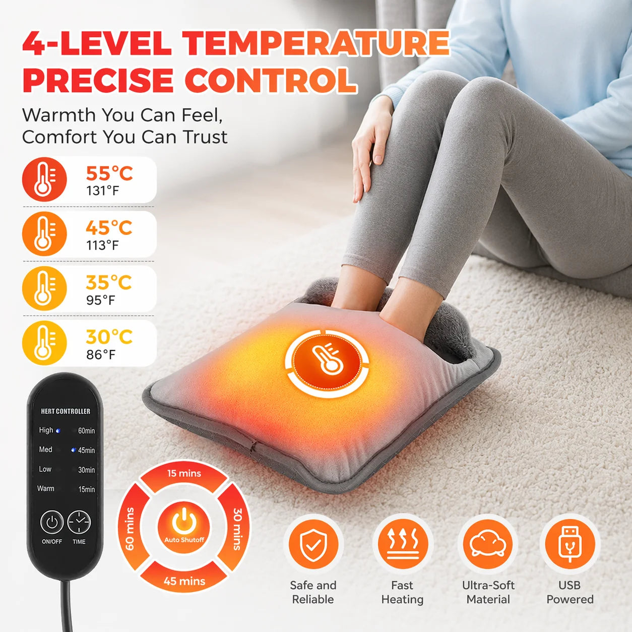 USB Heated Foot Warmer with Adjustable Temperature and Timer Settings - 1