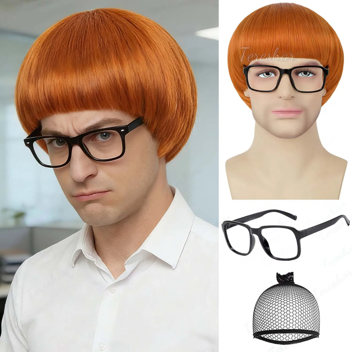 Short Retro Bowl Cut Cosplay Wig with Glasses for Costume Parties