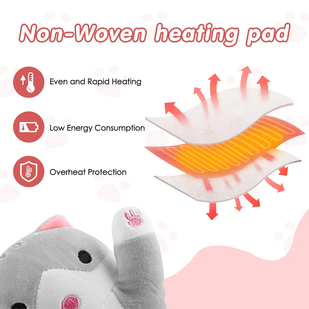 USB Heated Cat Plush Pillow with 5 Heat Settings and Timer for Comfort