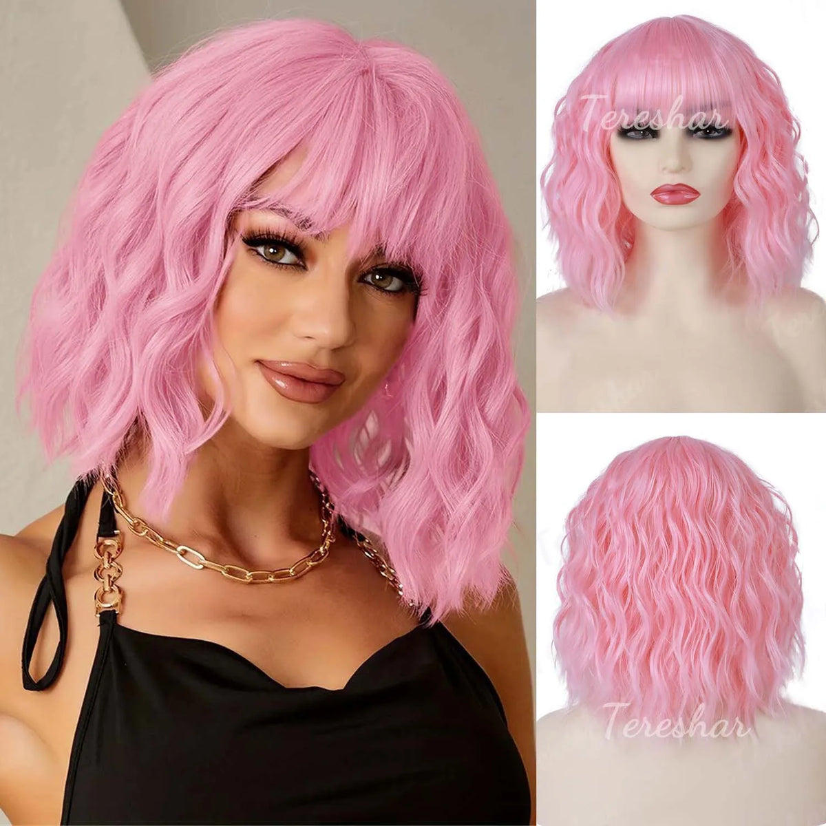 Short Wavy White Wig with Bangs for Cosplay and Daily Wear