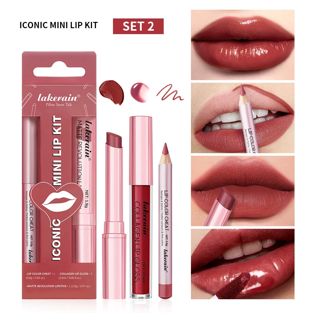 3-Piece Mini Lip Liner, Lipstick and Gloss Set for Perfect Pout - 1