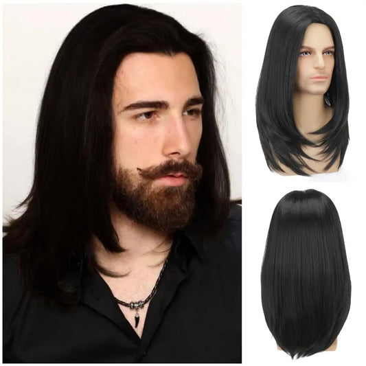 Men's Long Straight Black Wig for Cosplay and Costume Parties