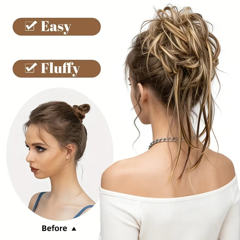 Messy Bun Hair Piece with Straight Tails for Instant Volumized Updos - 11